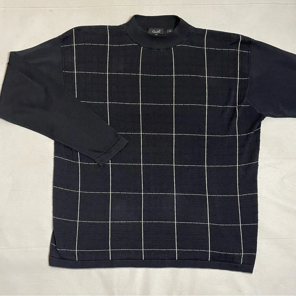 Genelli Silk Windowpane Black Knit Sweater Size XL